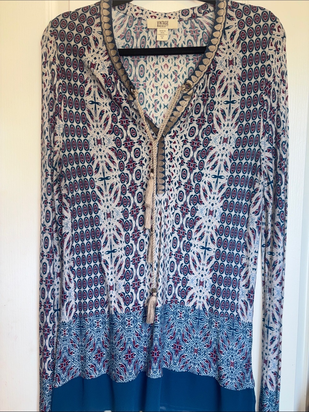 VINTAGE AMERICA BOHO TUNIC W/ V NECK RAYON WITH DARK BLUE TEAL SHEER BOTTOM HEM
